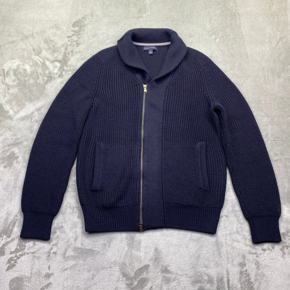 Banana Republic Mens Navy Blue Merino Wool Waffle Knit Shawl Zip Cardigan Grunge